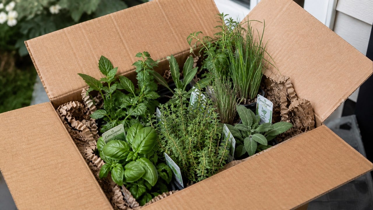 Box of fresh herb plants delivered from an online botanical vendor — basil, sage, thyme, mint, and chives