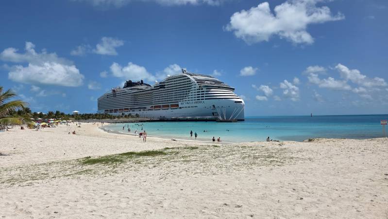 MSC World America cruise ship docked at Ocean Cay Bimini Beach