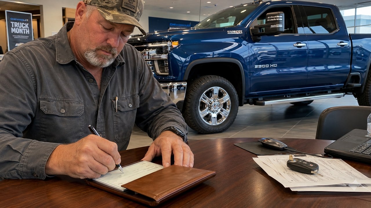 Man in flannel shirt and ball cap writing a check at a Chevrolet dealership desk with a blue Silverado HD truck in the showroom behind him