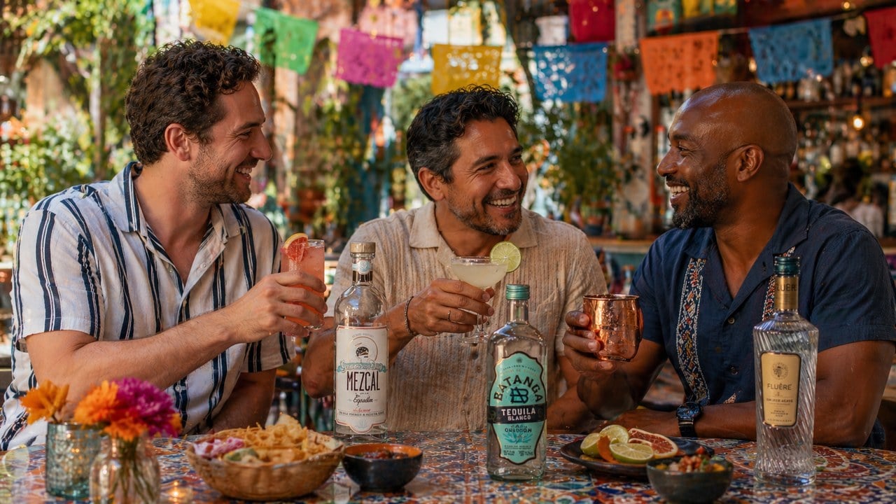 Three friends celebrating Cinco de Mayo with tequila, mezcal, and Fluere cocktails at an outdoor cantina under papel picado banners