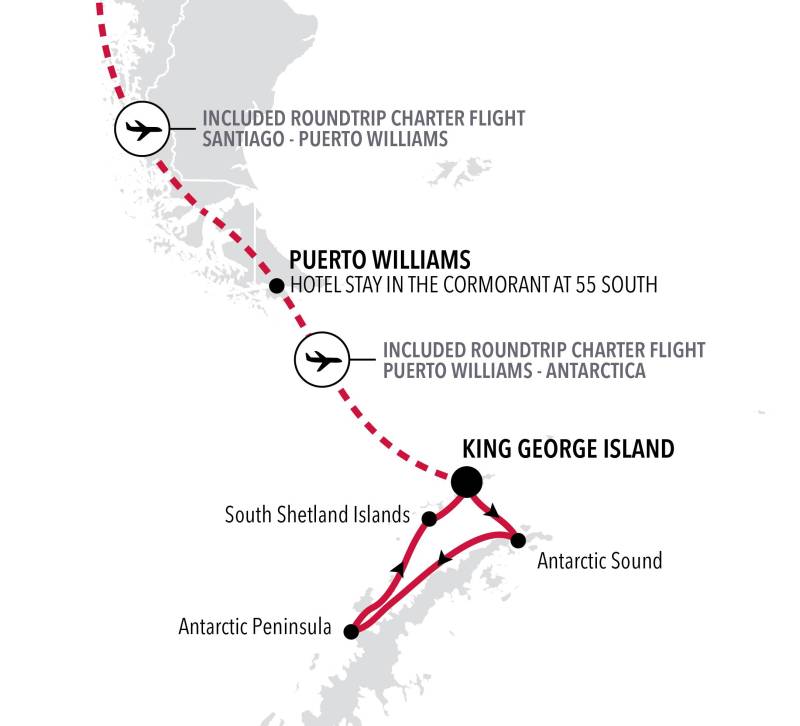 antarctica fly cruise map king george island roundtrip