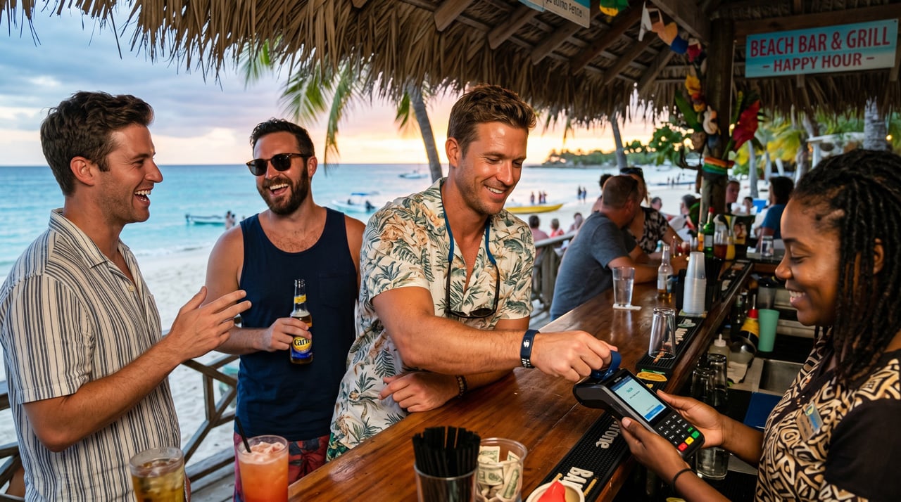 Man on a Caribbean cruise paying with an RFID wristband at a beach bar