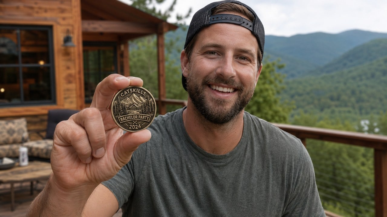man holding a custom Catskills bachelor party challenge coin at a mountain cabin