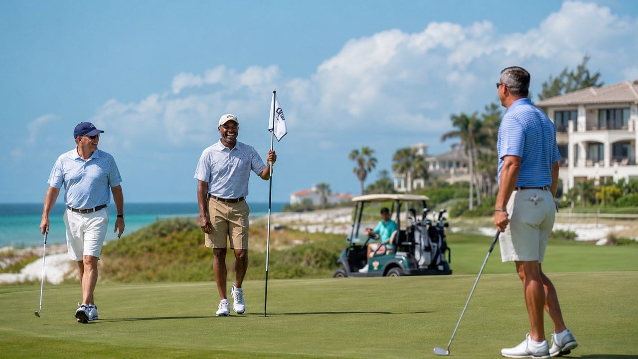Four men golfing on an Emerald Coast course above the Gulf, with a cart and beach houses behind them