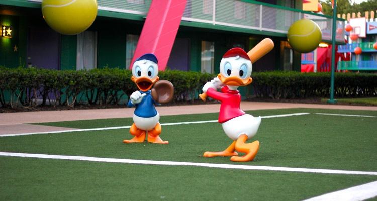 Dewey and Huey Duck playing Baseball on the Tennis Court