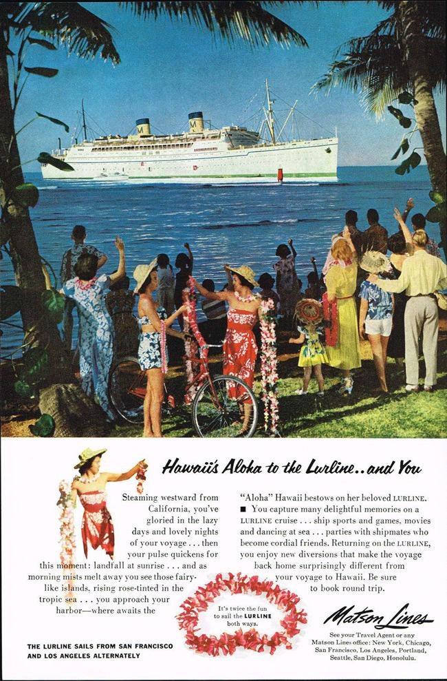 matson steamship line cruises to hawaii from california 1950s classic travel poster