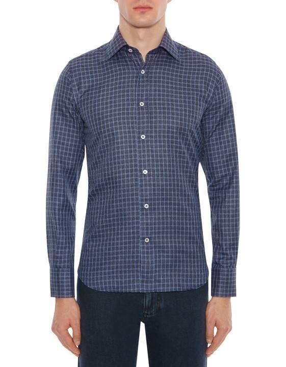 canali mens blue cotton casual shirt with textured vichy cheek