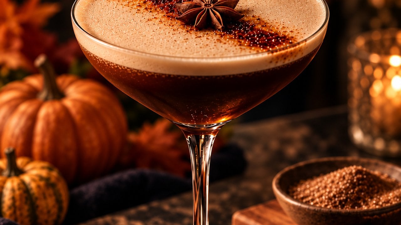 Espresso Pumptini fall coffee cocktail with star anise, pumpkins, and baking spices