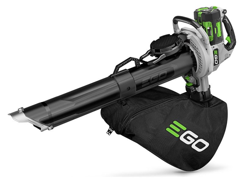 EGO POWER+ LV5005 cordless leaf vacuum and mulcher with its leaf bag attached