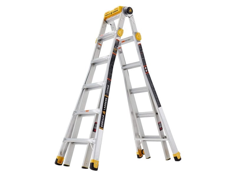 Gorilla Ladders GLMPXT-23 aluminum multi-position ladder set up as a stepladder
