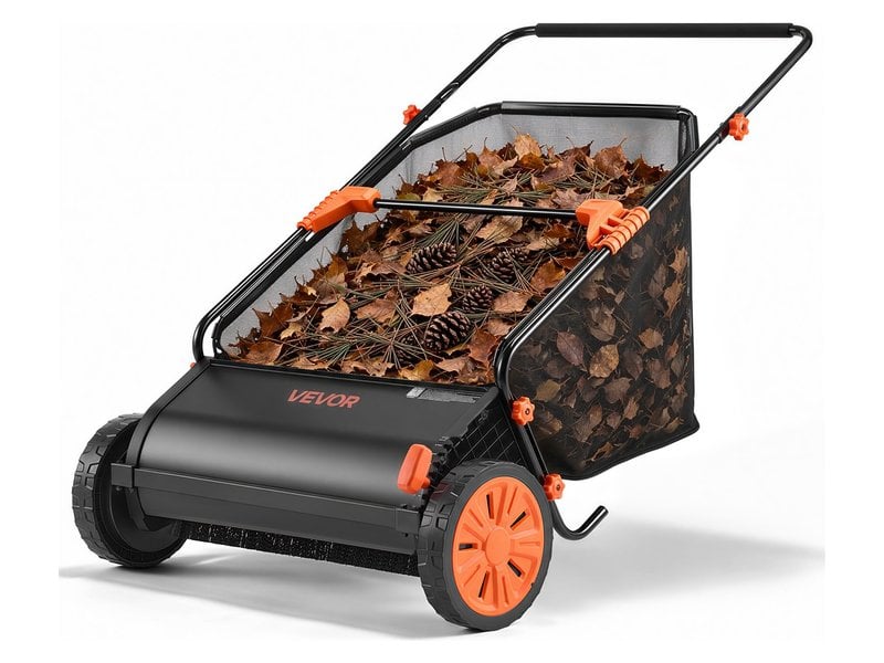 VEVOR 26-inch push lawn sweeper with its hopper bag full of fall leaves