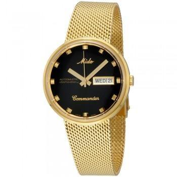 mido commander mens black dial gold case and mesh band watch