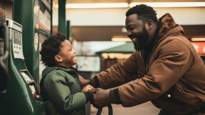 child helping dad with refilling gas on a road trip