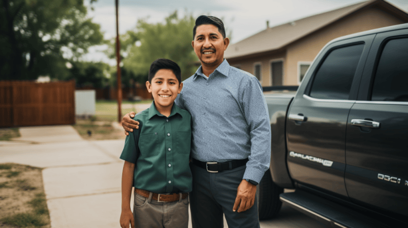 father and son at the end of their road trip