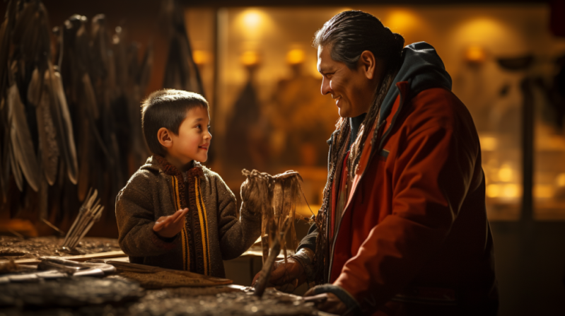 father and son exploring a native american culture museum