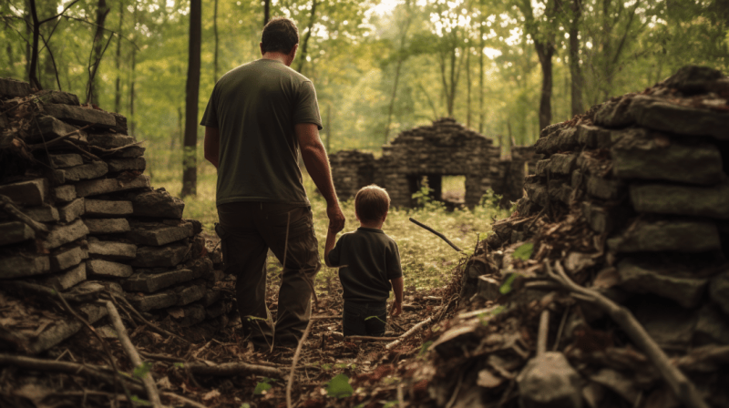 photo father and son exploring a civil war fort