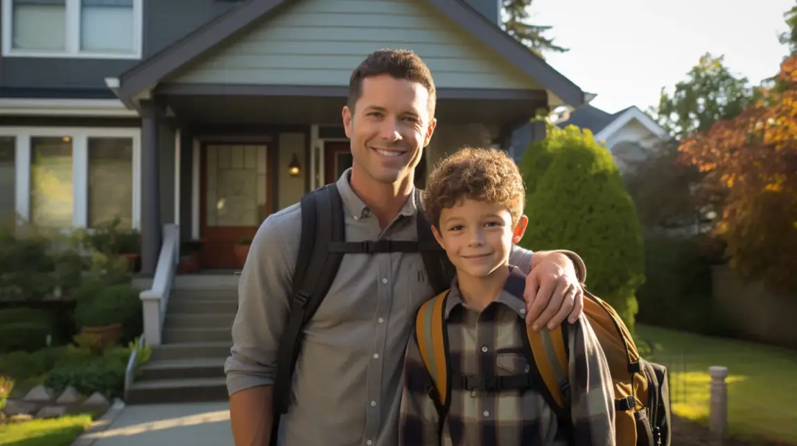 father and son standing in front of house together