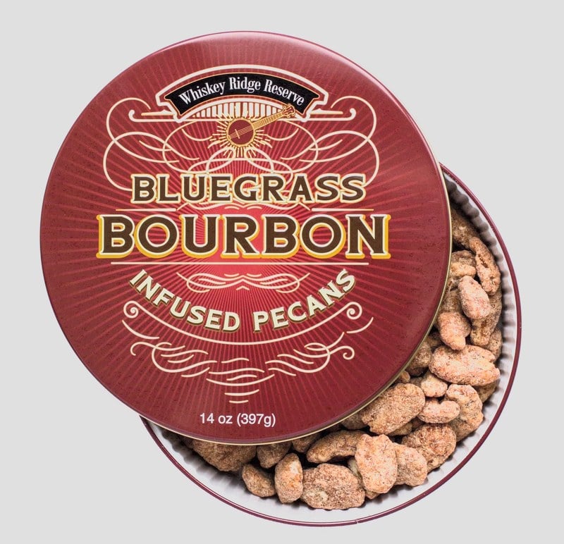 Whiskey Ridge Reserve Bluegrass Bourbon Infused Pecans in a decorative red tin