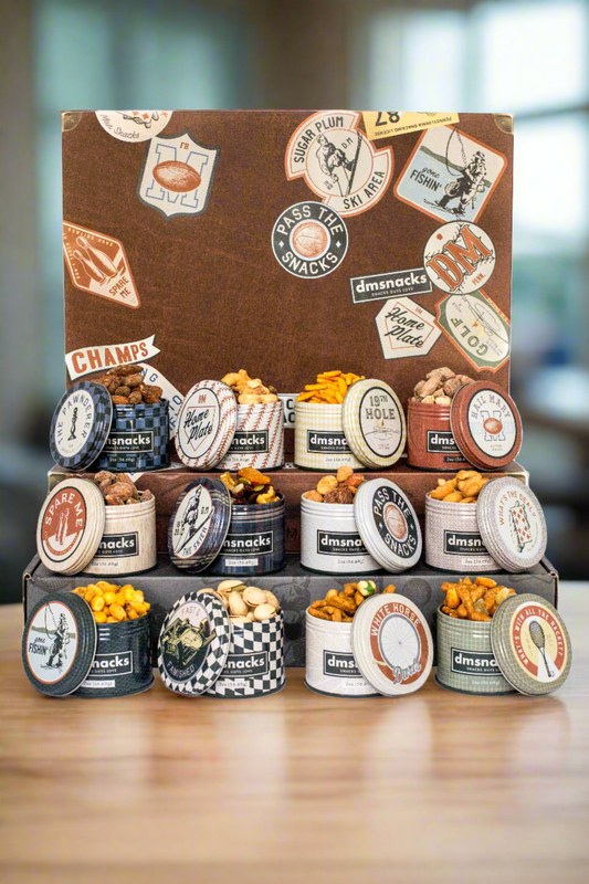 DM Snacks Bar Cart Snacks gourmet nut gift set in a vintage-inspired case of twelve labeled snack tins