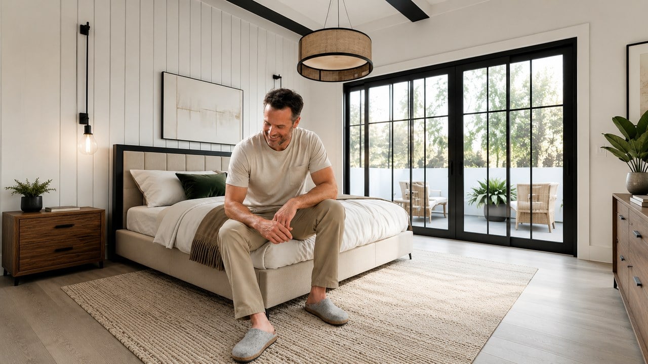 A dad in wool clogs sitting on the edge of his bed in a bright modern bedroom