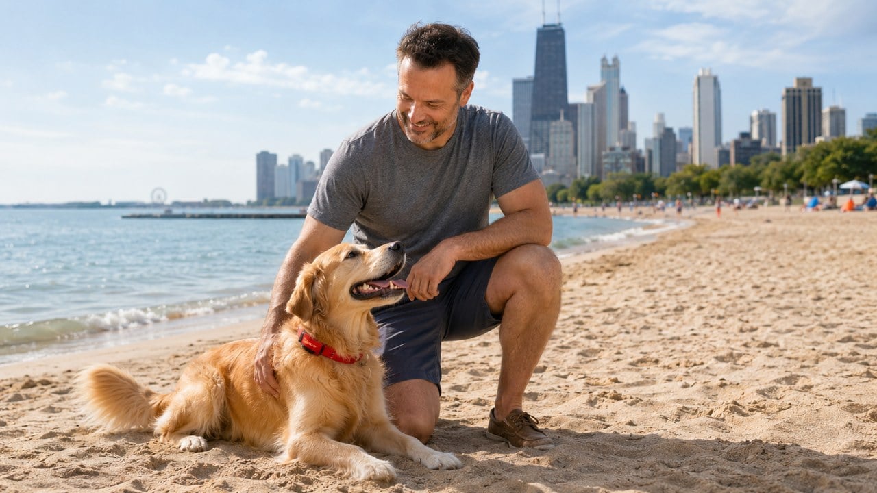 A dad kneeling beside his golden retriever on a Chicago lakefront beach