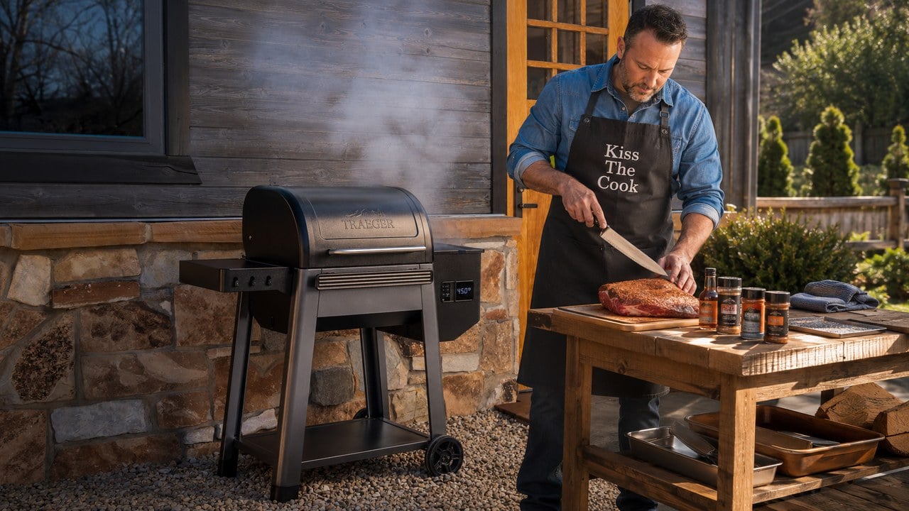 A dad in a Kiss the Cook apron slicing brisket beside a Traeger pellet grill