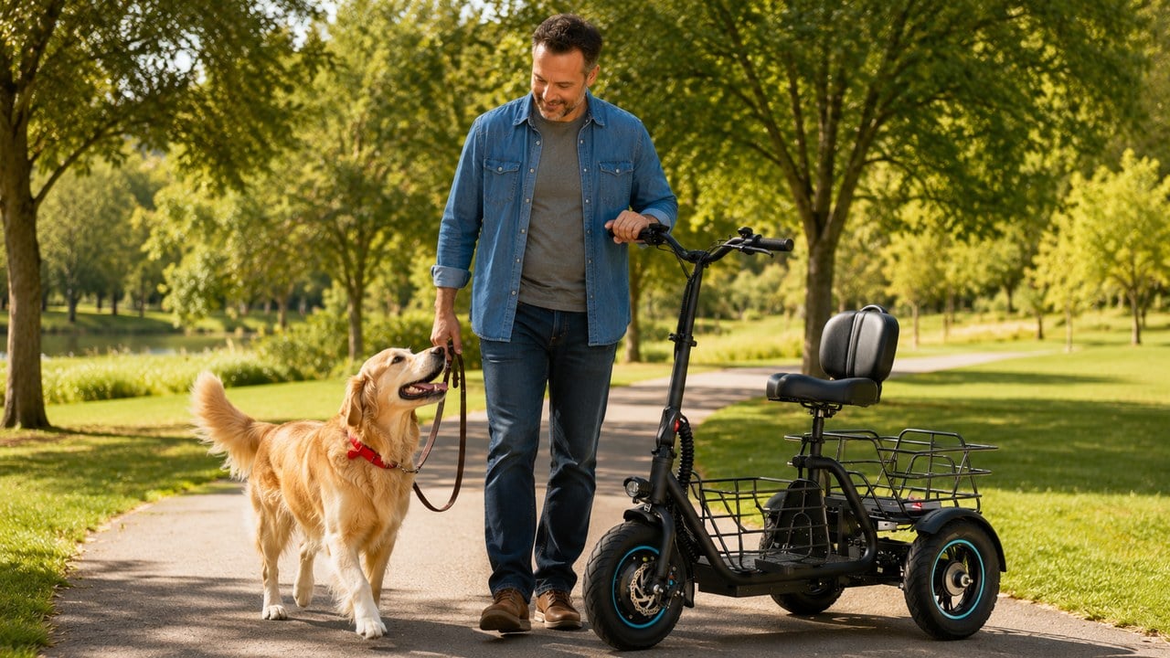 A dad walking his dog past a three-wheel electric cargo trike on a tree-lined park path