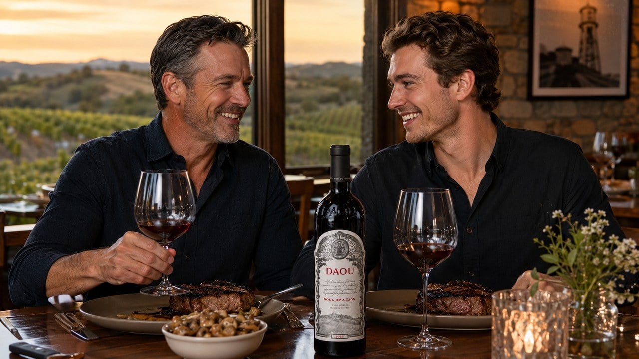 A father and son share steaks and a bottle of DAOU Soul of a Lion at a Paso Robles winery at sunset