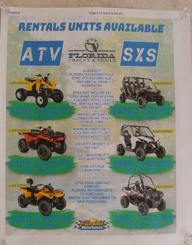 atv rental pricing at florida tracks and trails