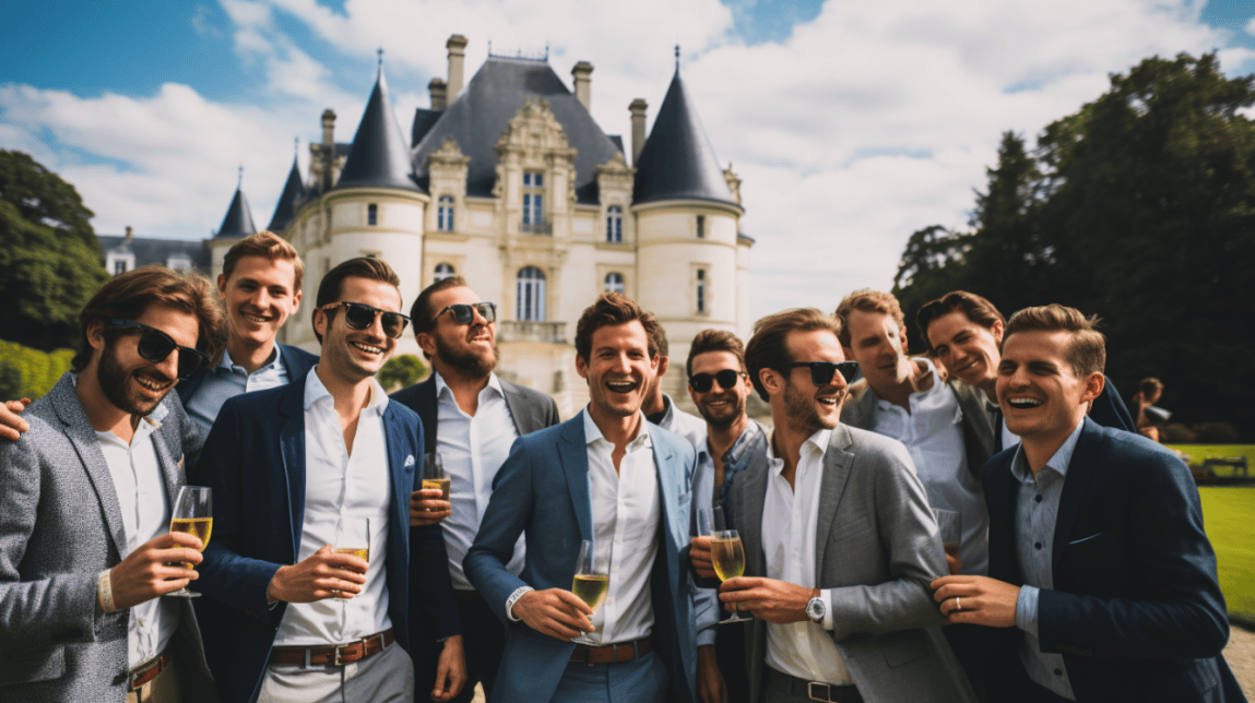 group of guys enjoying a stay in a French chateau on a guys trip