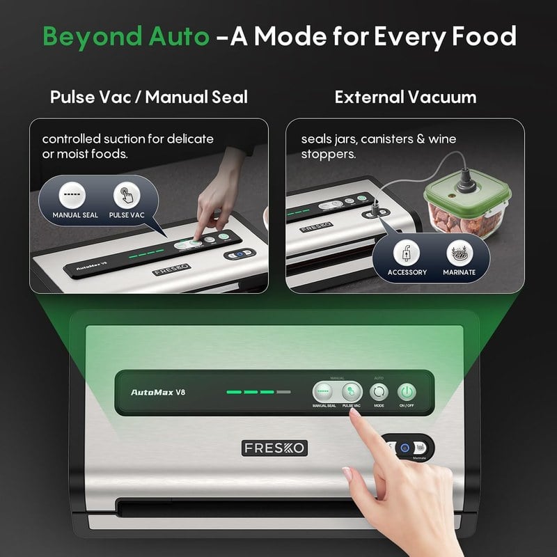 FRESKO AutoMax V8 control panel showing the manual seal, pulse vac, mode and external vacuum options