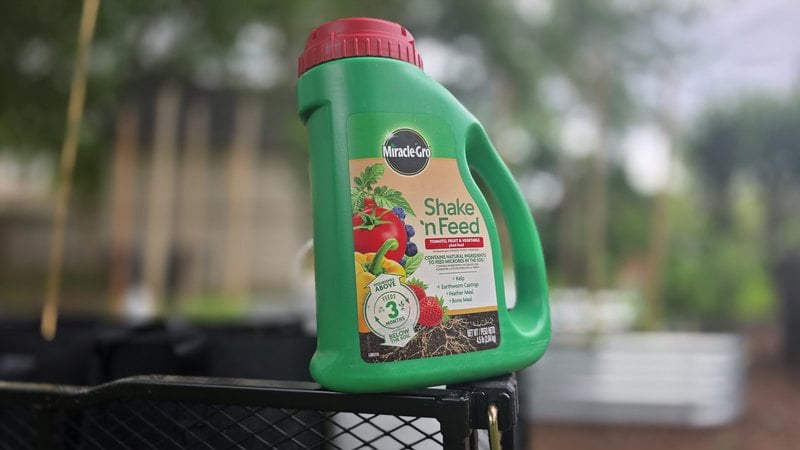 Miracle-Gro Shake 'n Feed Tomato, Fruit and Vegetable plant food jug on a garden cart