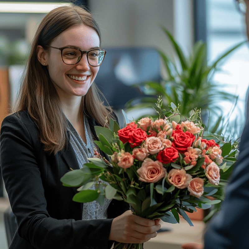 wife getting a flower delivery at her office