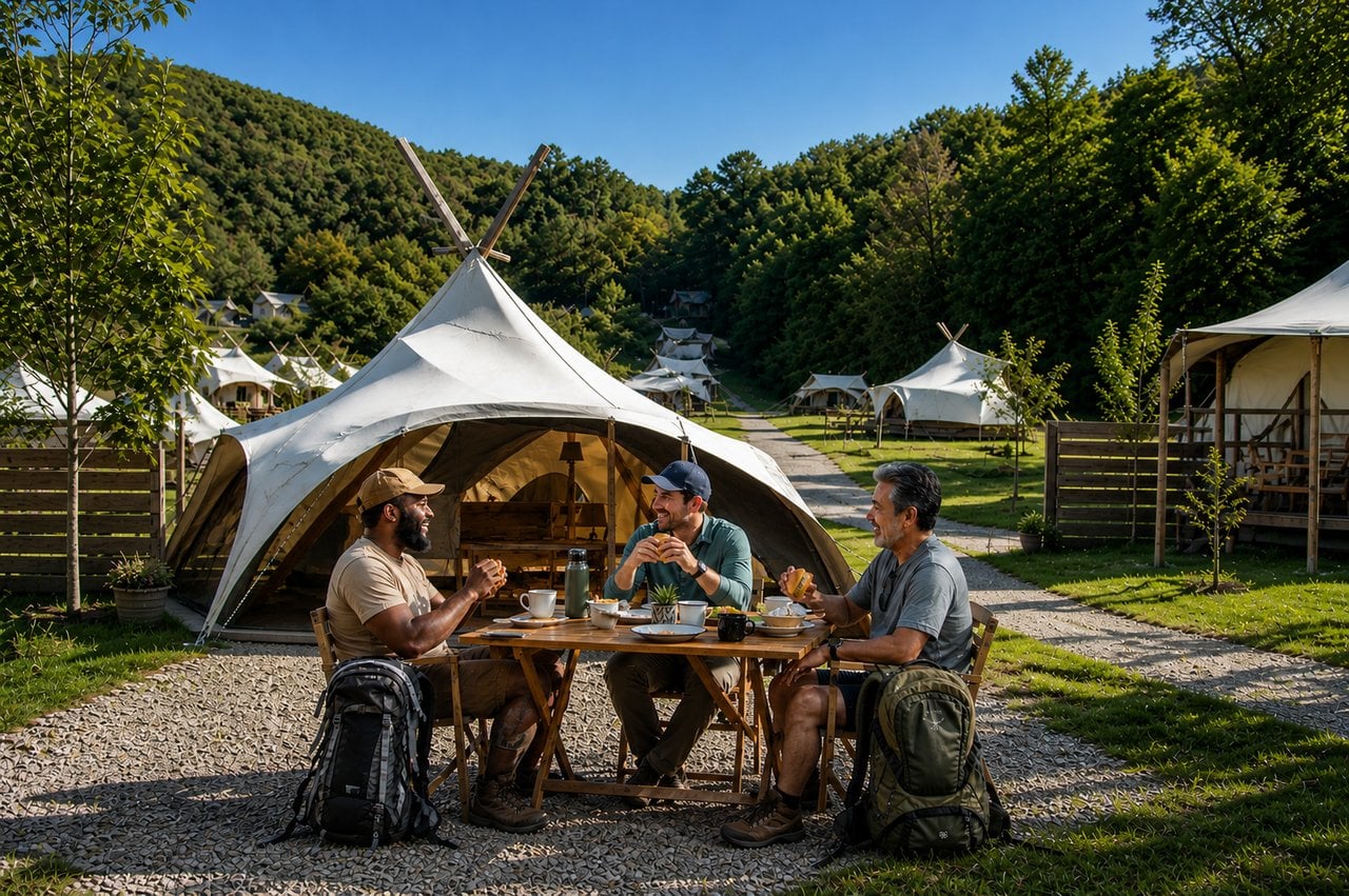 Three guys having lunch outside a safari tent at a Gatlinburg-area glamping resort with rows of tents in the background