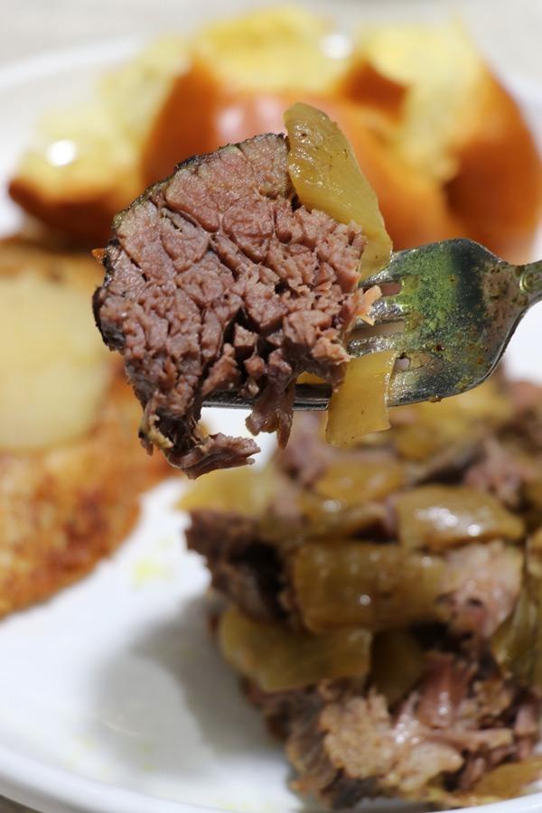 when cooked properly this slow cooker beef brisket should have connective tissue between muscle fibers should be broken down and meat should fall apart with a fork