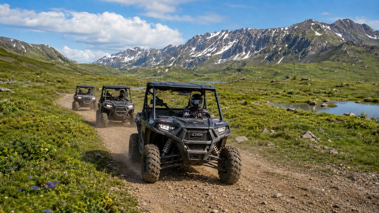 Guided Polaris side-by-sides on an alpine tundra trail at Hatcher Pass, Alaska