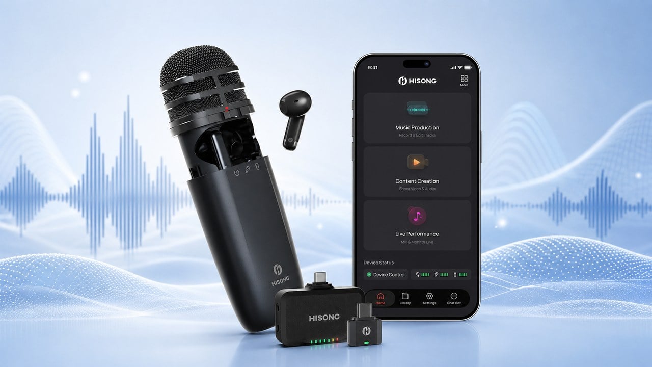 HISONG AirStudio S1 wireless microphone with monitoring earbud, USB-C receiver, and the HISONG Link app open on a phone