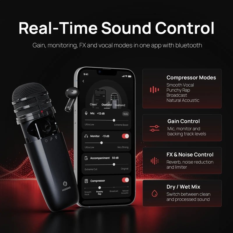 HISONG AirStudio S1 real-time sound control in the HISONG Link app - compressor modes, gain, FX and dry/wet mix