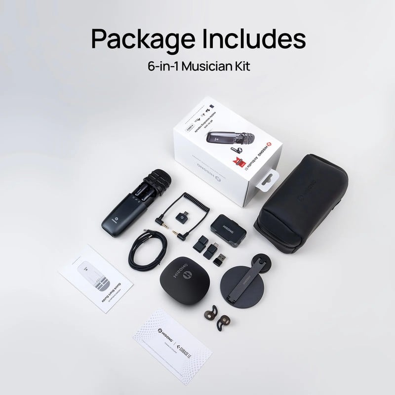 HISONG AirStudio S1 6-in-1 kit contents - mic, receivers, adapters, magnetic stand, windscreen, case, and Cubase LE