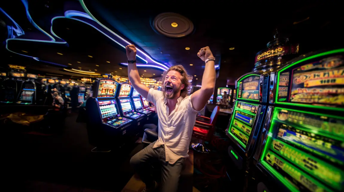 man winning jackpot playing slots in a Vegas casino