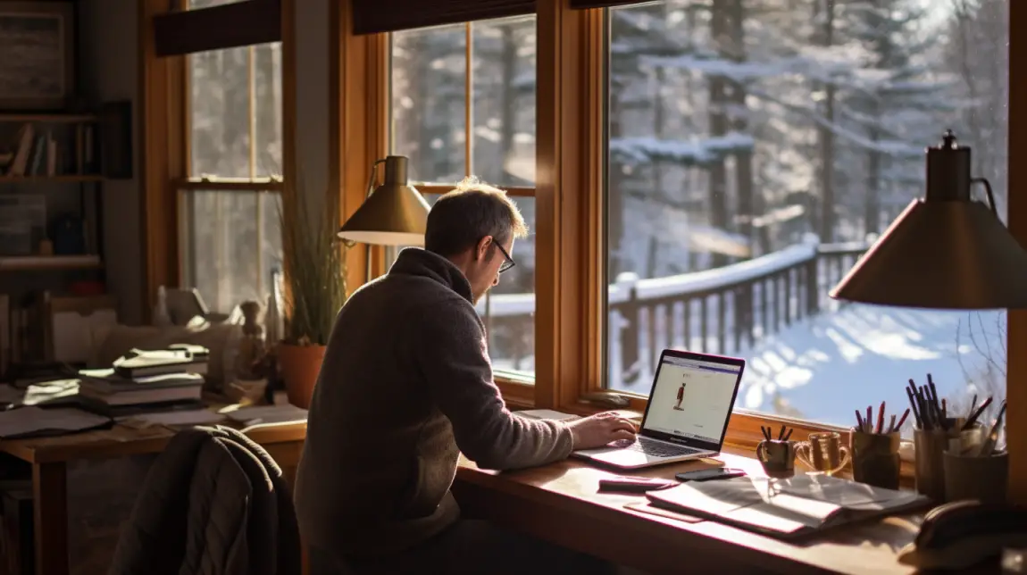 man in the home office staying warm