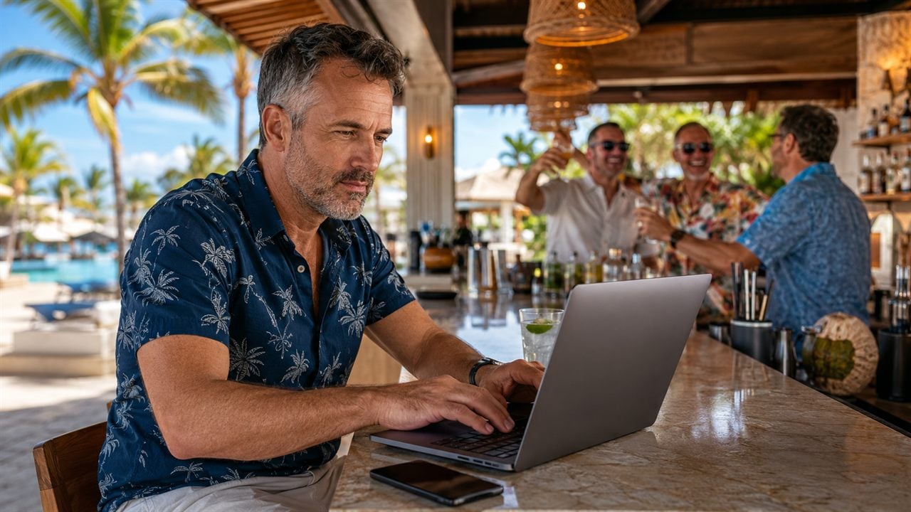 Man checking email on a laptop at an all-inclusive resort bar in Cancun while traveling