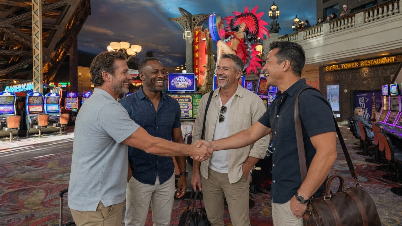 Four guys meeting up on the casino floor at Paris Las Vegas on a guys weekend
