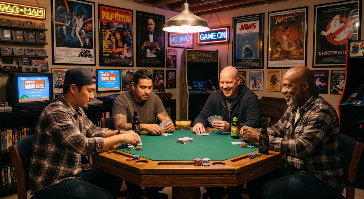 Guys night at home poker tournament with steaks, chips, and cocktails on the table