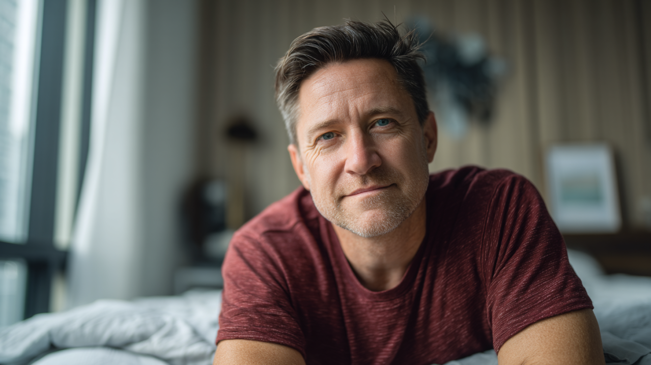 confident man in bedroom