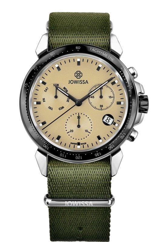 Jowissa LeWy 9 J7.134.L Swiss chronograph with sand dial and olive NATO strap