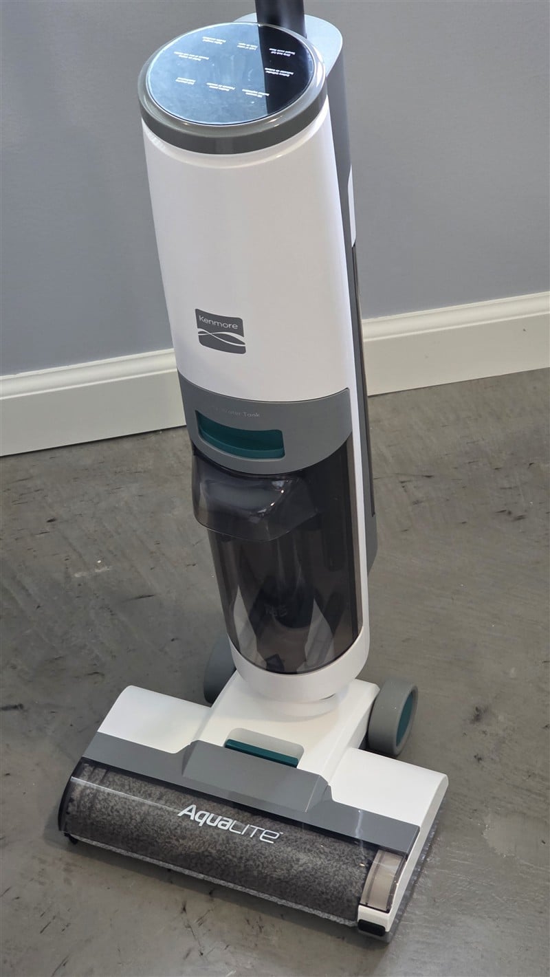 Kenmore AquaLite full unit standing upright showing brushroll, dirty water tank, and LED display