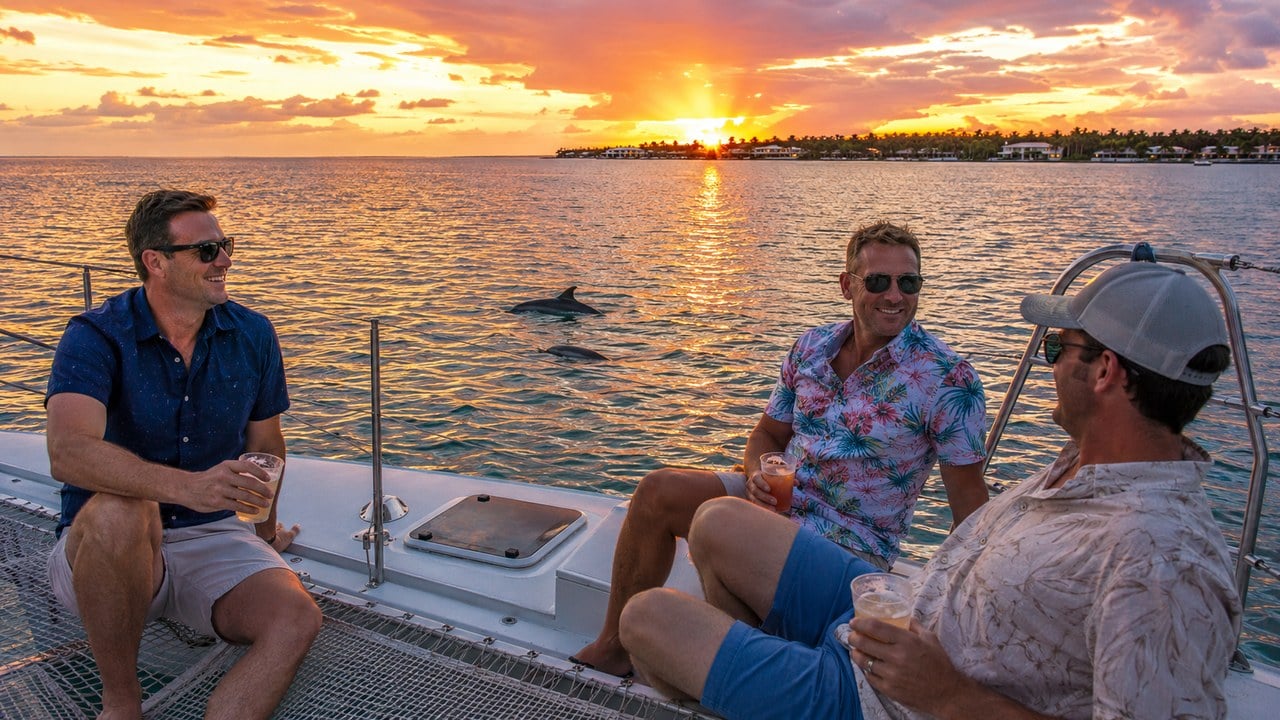 Three guys with drinks on a catamaran at sunset as dolphins surface on a Key West eco boat tour