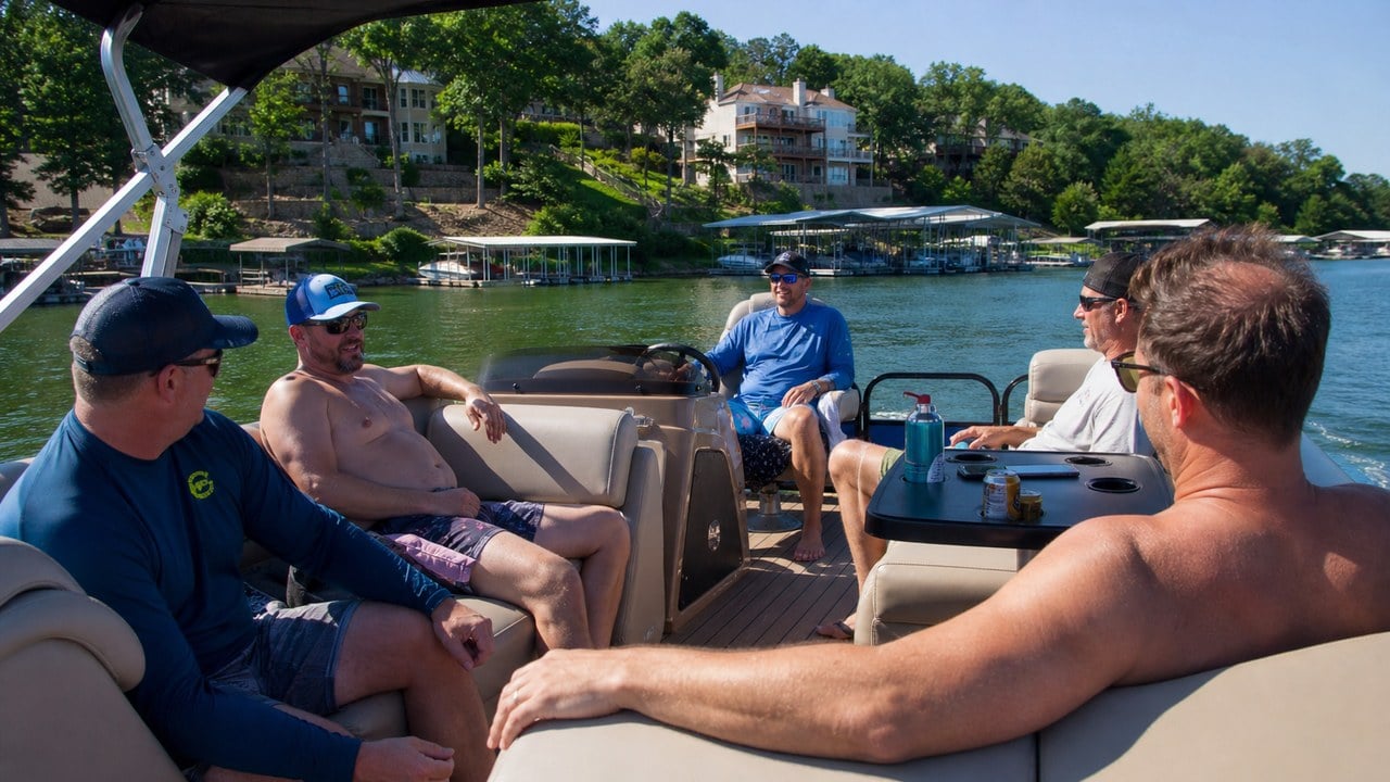 Five guys hanging out on a pontoon boat with bluff-side lake homes and covered boat slips behind them at Lake of the Ozarks