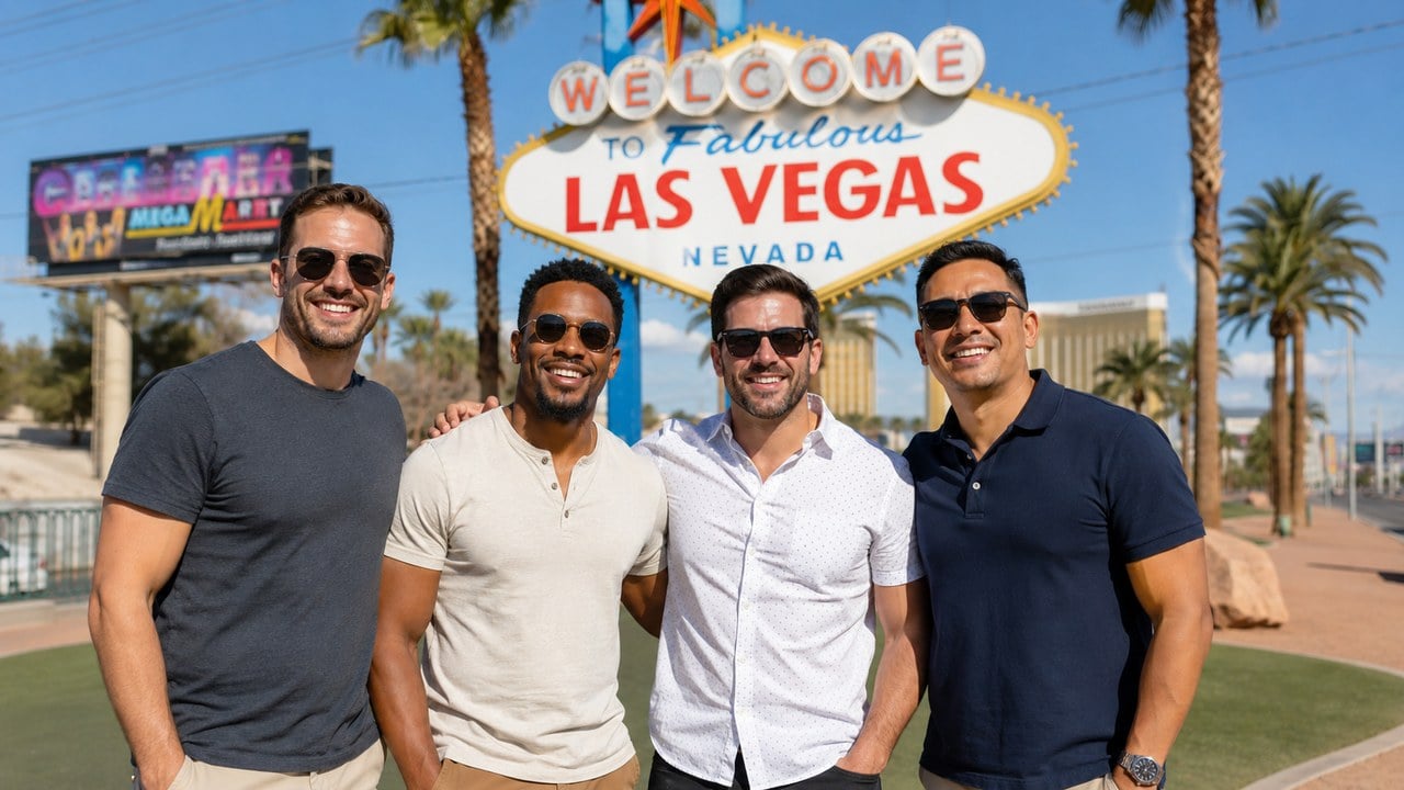 Four friends standing in front of the Welcome to Fabulous Las Vegas sign on a guys trip